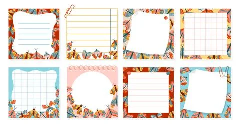 Paper sticky notes notepaper sticker notepads with butterfly cartoon set 스톡 일러스트