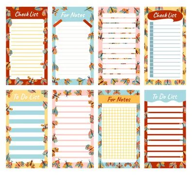 Paper sticky notes notepaper sticker notepads with butterfly cartoon set Stock Illustration