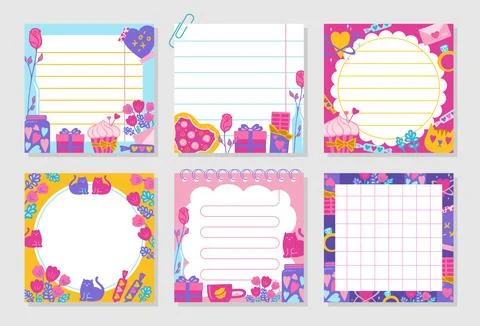Paper sticky notes Notepaper Sticker Notepads set Valentines Day elements sheet Stock Illustration