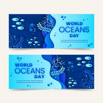 Paper style world oceans day banners set Stock Illustration