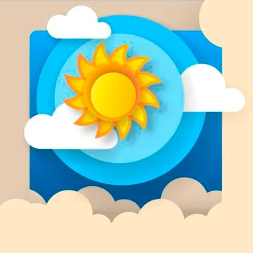Paper sun in blue sky and white clouds vector Stock Illustration