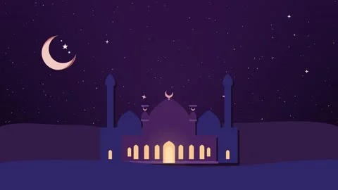 Paper sun setting behind a mosque as the sky turns to night with it is Iftar Stock-Footage 348702919