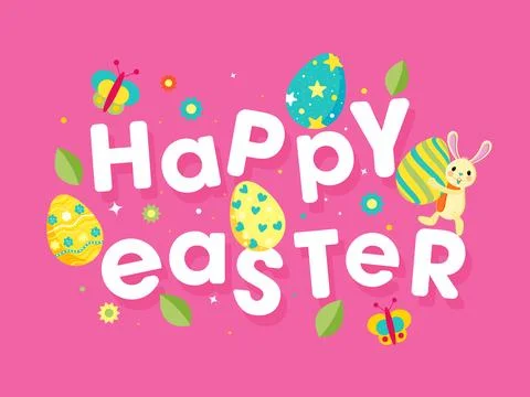 Paper Text of Happy Easter with Cartoon Bunny, Printed Eggs, Butterflies an.. Stock Illustration