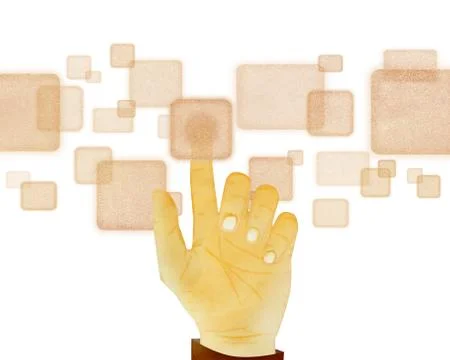 Paper texture ,hand gesture pushing button on touch screen on white backgroun Stock Illustration