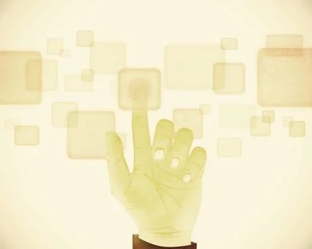 Paper texture ,hand gesture pushing button on touch screen on vintage tone ba Stock Illustration