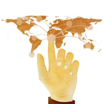Paper texture ,hand pressing digital button on world map on white background Stock Illustration