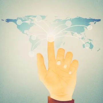 Paper texture ,Hand pressing digital button on world map Stock Illustration