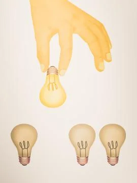 Paper texture ,  illustration of hand picking bright light bulb Stock-Illustration