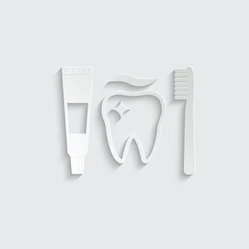 Paper tooth, Toothbrush and toothpaste  black vector icon Stock Illustration
