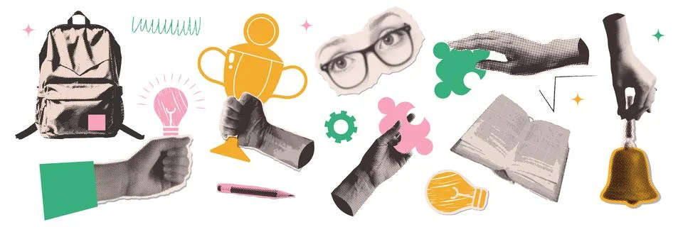 Paper torn out elements for mixed media halftone collage. Concept of learning Stock Illustration