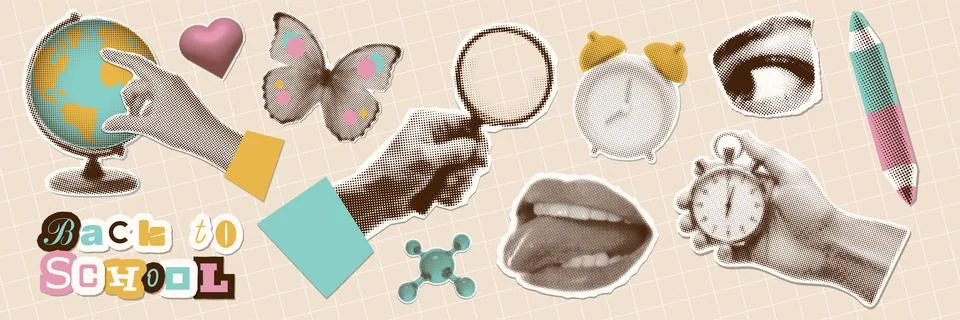 Paper torn out elements set for mixed media halftone collage. Concept of Stock Illustration