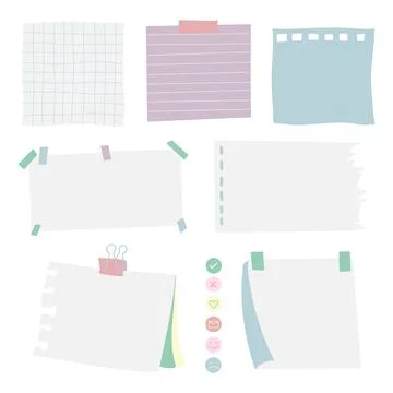 Paper torn page notes. Papers of different size glued to wall with tape. Vect Stock Illustration