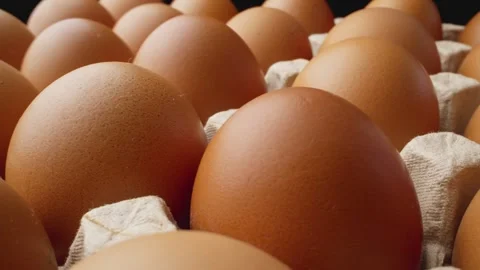 Paper tray with organic eggs rotating. Farm eggs nestled in rustic paper tray Video stock 288672875
