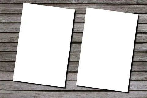 Paper two Mockup blank empty white template sheet A4 in wooden plank backgrou Stock Photos