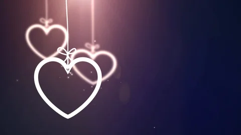 Paper valentine hearts falling down hanging on string blue background Stock Footage 96236347