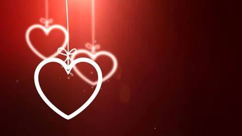 Paper valentine hearts falling down hanging on string red background Stock Footage 96237759
