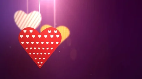 Paper valentine hearts falling down hanging on string purple background Stock Footage 96290119
