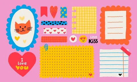 Paper valentine memo notes on stickers. Vector vintage sticky notes and pages Stock Illustration