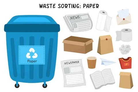 Paper waste sorting set. Blue trash can for paper and cardboard garbage Stock Illustration