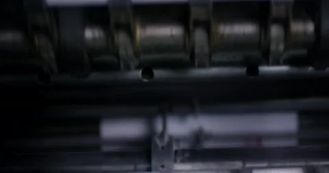 Paper Web Running Through Rollers, Rotary Newspaper Press, High Speed Close Up Stock Footage 340364319