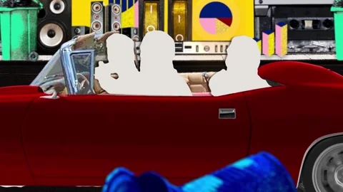 Paper-white passengers riding a red convertible past fans Stock Footage 346778551