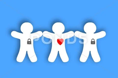 Paper white people with locked hearts over blue background Stock Illustration