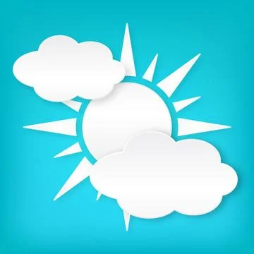 Paper white sun width clouds on blue background. Isolated from background. La Ilustração Stock