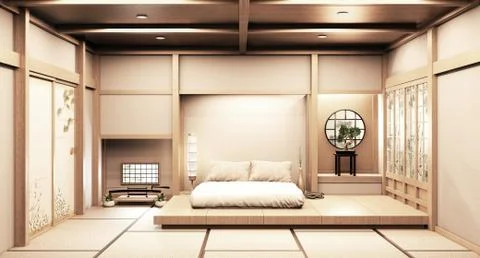 Paper window wooden design on Empty room white on wooden floor japanese inter Stock Illustration