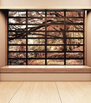 Paper window wooden design on Empty room white on wooden floor japanese inter Stock Illustration