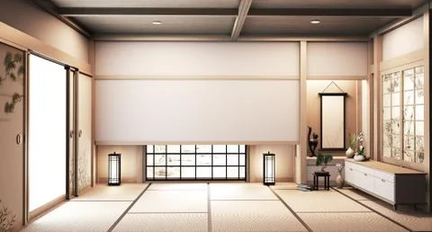 Paper window wooden design on Empty room white on wooden floor japanese inter Stock Illustration