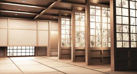 Paper window wooden design on Empty room white on wooden floor japanese inter Illustrazione stock
