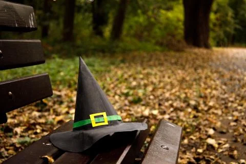 Paper witch hat stands on a bench in an autumn park and fallen leaves around Stock Photos