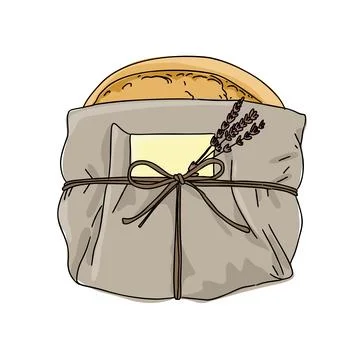 Paper wrapping a loaf of bread and a ribbon, dry lavender flower, a card for gif Stock Illustration