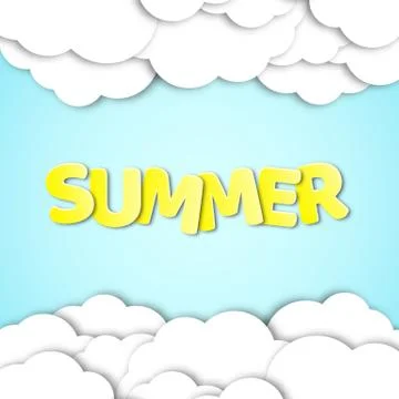 Paper yellow text with the name summer. Paper clouds in the blue sky. Summe.. Stock Illustration