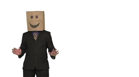 The paperbag man is having a conversation with the audience. white background. Stock Footage 49863367