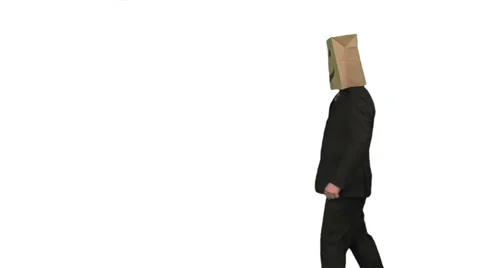 The paperbag man is presenting your text. white background Stock Footage 49863337