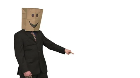 The paperbag man is presenting your text. white background. Video stock 49863359