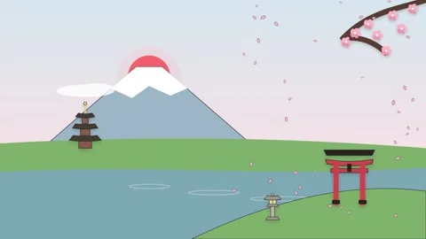 Papercraft Japanese Landscape Loop with Falling Cherry Blossom Petals and Sun Video stock 347263278