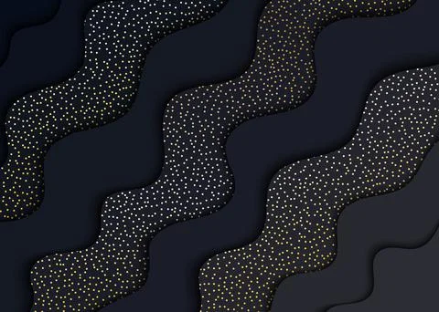 Papercut abstract wave black shape background with gold dots pattern. Layered Stock Illustration