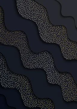 Papercut abstract wave black shape background with gold dots pattern. Layered Stock Illustration
