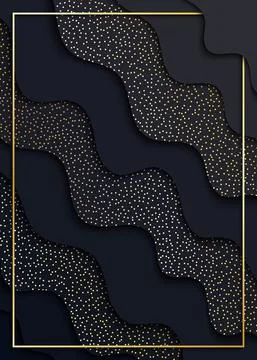 Papercut abstract wave black shape background with gold dots and frame pattern Illustrazione stock