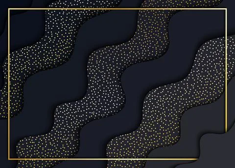 Papercut abstract wave black shape background with gold dots and frame pattern Illustrazione stock