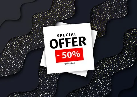 Papercut abstract wave black shape background with gold dots pattern and two Illustrazione stock