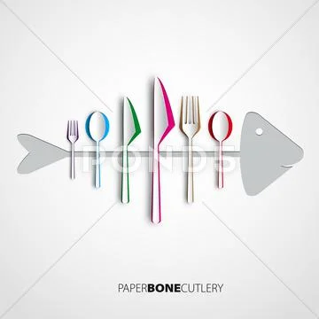 Papercut bone fish cutlery, spoon, knife, fork Stock Illustration