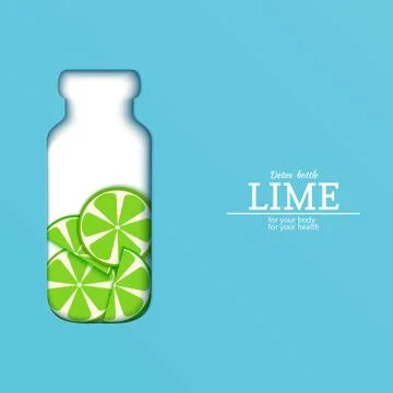 Papercut bottle with slice citrus lime fruit. Vector card llustration. Stock Illustration