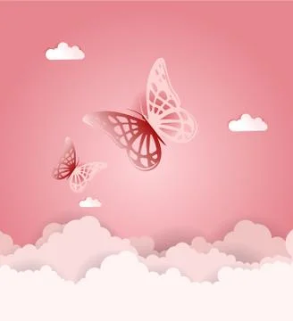 Papercut design, Vector paper clouds with butterflies. Pink background. Stock Illustration