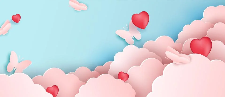 Papercut design, Vector paper clouds with butterflies. Pink cloud and blue Stock Illustration