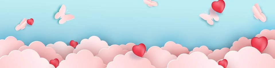 Papercut design, Vector paper clouds with butterflies. Pink cloud, red hearts Stock-Illustration