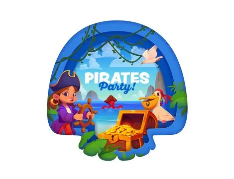 Papercut skull shape with kid and animal pirates Stock Illustration
