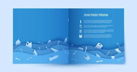 Papercut stop ocean plastic pollution blue flyer template. Sample environmental Stock Illustration